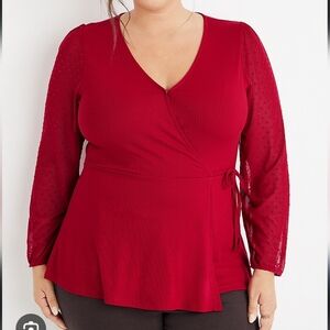 Maurices plus size red mesh dot  faux  wrap blouse Top